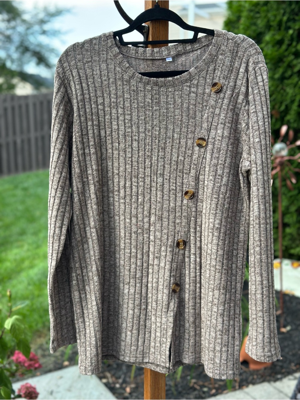 Brown Ribbed Knit Button Detail Sweater Top Size Large